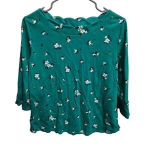 Croft & Barrow Seagreen Floral Scallop Neck Long Sleeve Top - PM